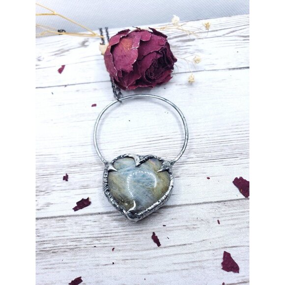 Labradorite Heart Crystal Necklace Handmade Gothic Fantasy Metalwork - Picture 3 of 12